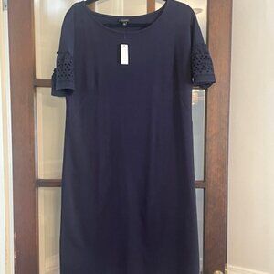 Talbots Navy Blue Shift Dress with Lace Sleeves, Size Medium.